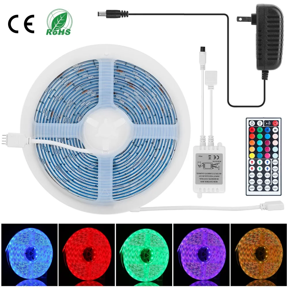 LED strip light kit with remote control, featuring multi-color options, power adapter, and controller, ideal for home decoration and ambiance lighting.