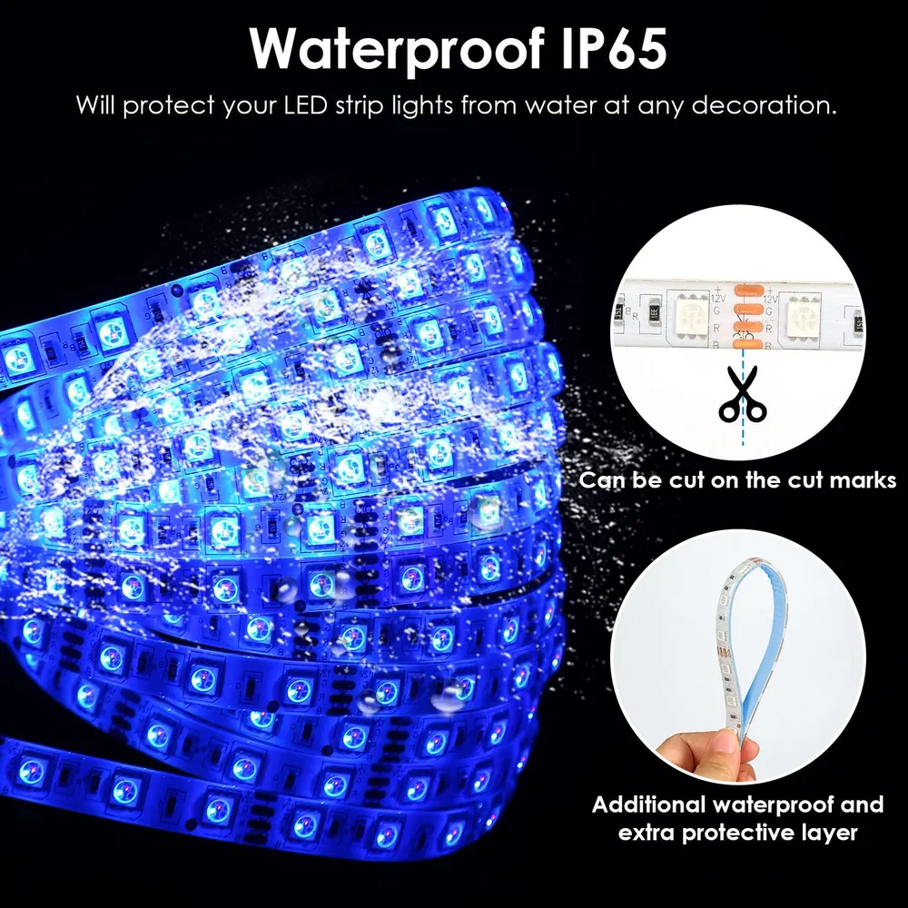 Waterproof IP65 LED strip lights in vibrant blue, showcasing water resistance, customizable cut marks, and an extra protective layer for outdoor and indoor decorations.