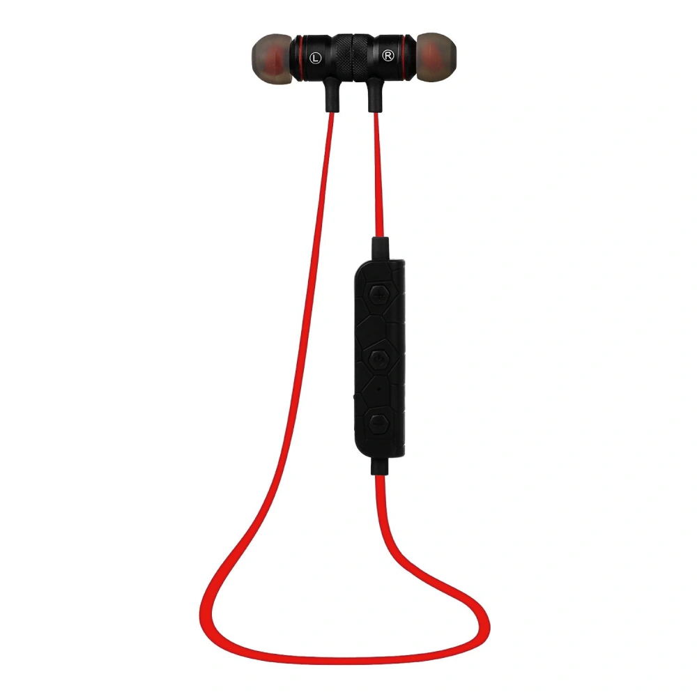 Black and red in-ear headphones with a built-in remote control, featuring a microphone, designed for comfortable listening and hands-free calls.