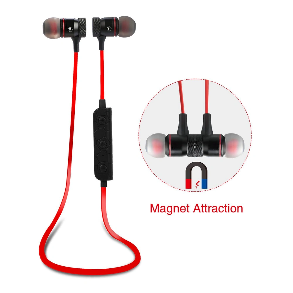Wireless in-ear headphones with red braided cable, magnet attraction feature, and inline remote control for easy music and call management.