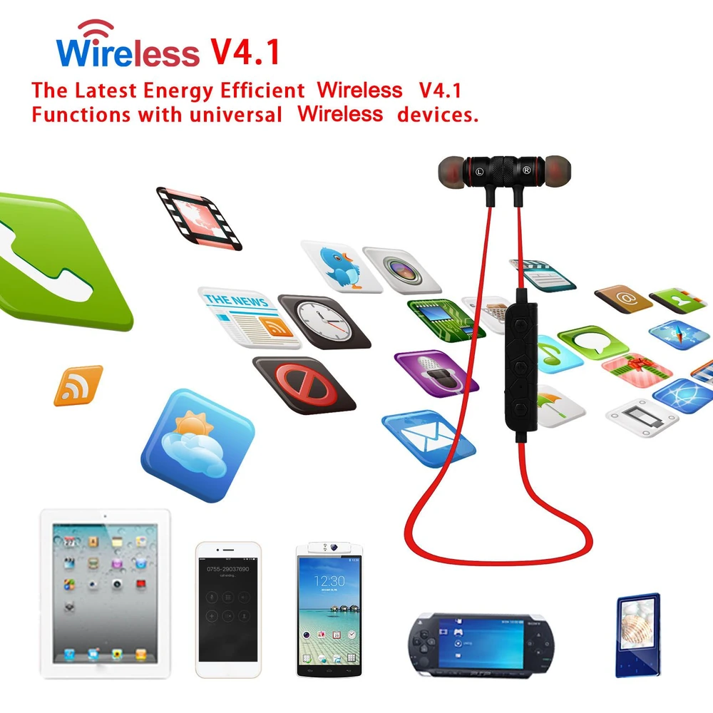 Wireless earbuds with red accents and multifunction control, set against a colorful background of app icons and electronic devices, highlighting their compatibility with various wireless devices.