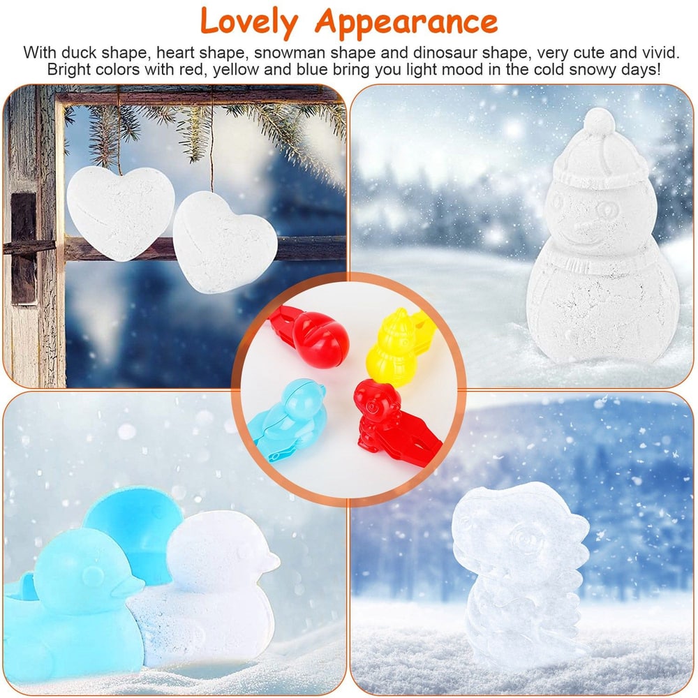Colorful snow molds in cute shapes including a duck, heart, snowman, and dinosaur, perfect for creating delightful winter decorations.