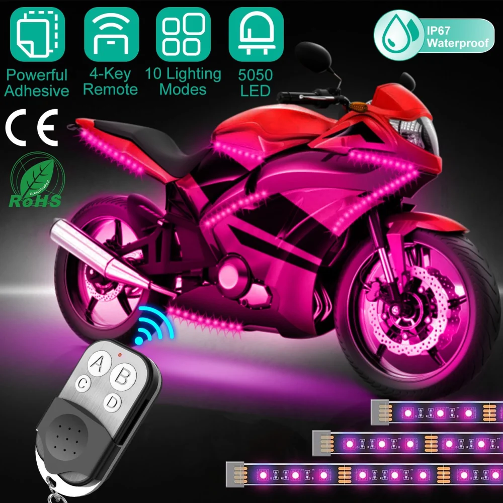 Vibrant LED motorcycle lighting kit with remote control, showcasing a red motorcycle illuminated in pink lights, featuring waterproof design and 10 lighting modes.