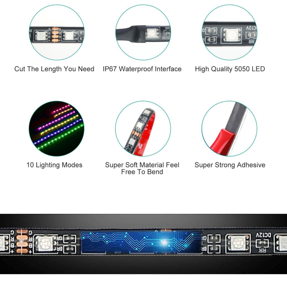 High-quality 5050 LED strip lights featuring IP67 waterproof rating, 10 lighting modes, super soft and bendable material, and strong adhesive backing for easy installation.