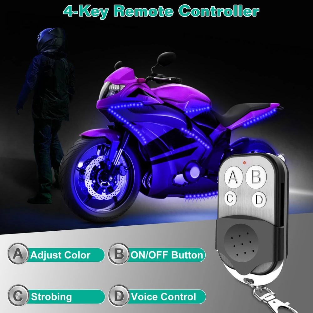 4-key remote controller for motorcycle LED lights, featuring options for color adjustment, ON/OFF functionality, strobing effects, and voice control, alongside a sleek purple motorcycle adorned with vibrant LED lights.