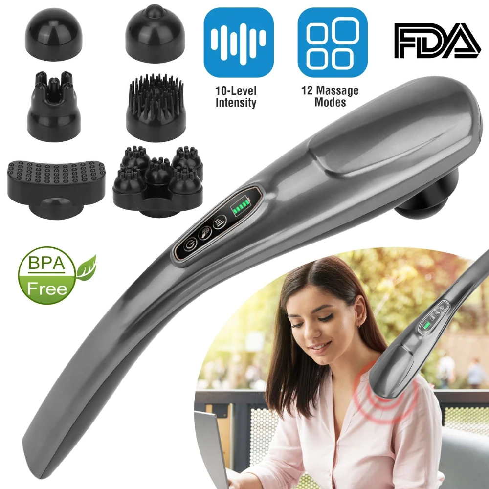 Electric handheld massager with 10 intensity levels and 12 massage modes, featuring interchangeable massage heads, BPA-free certification, and an ergonomic design for targeted relief.