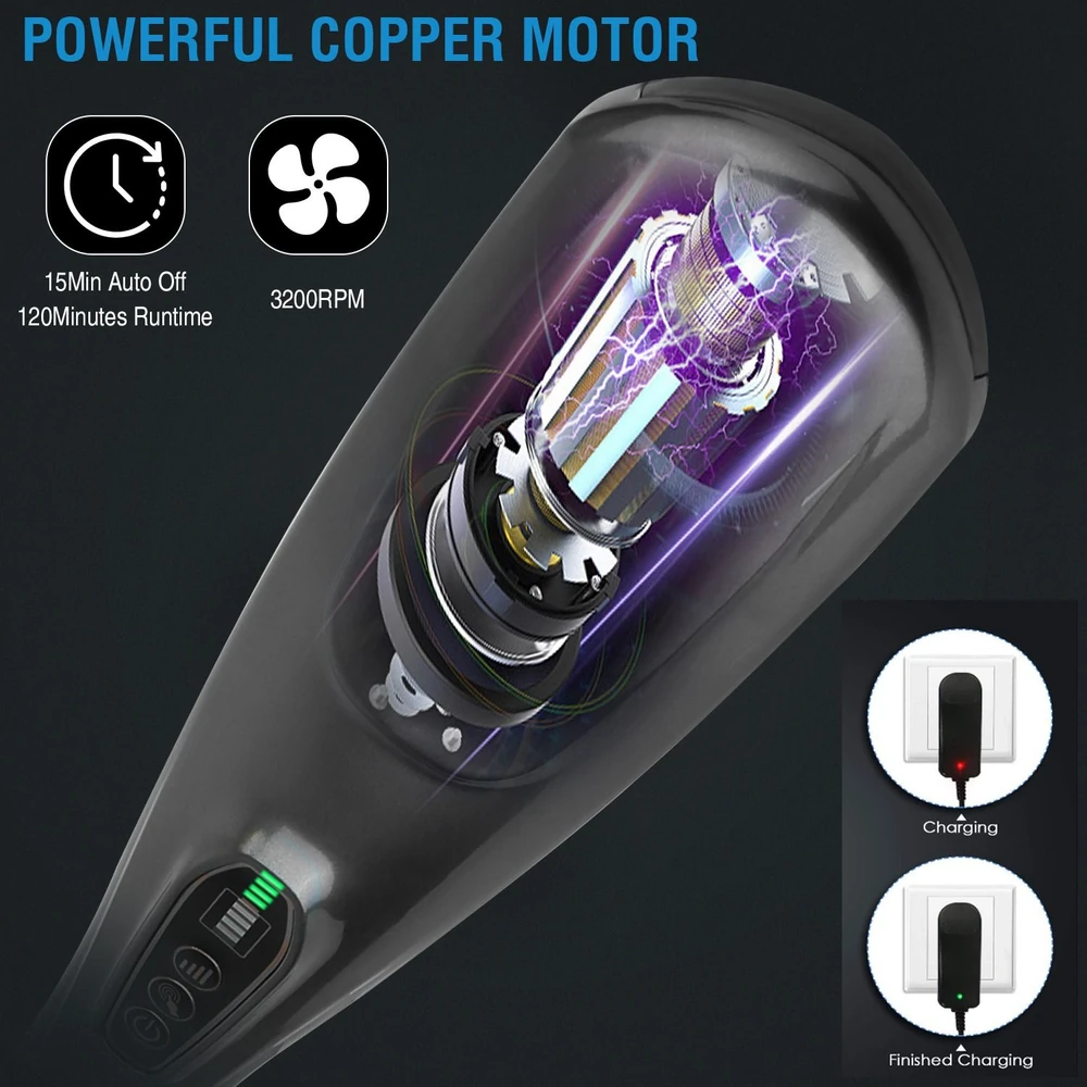 High-quality vacuum cleaner showcasing a powerful copper motor with visual effects, featuring 3200 RPM speed, 15-minute auto off function, and an indicator for charging status.