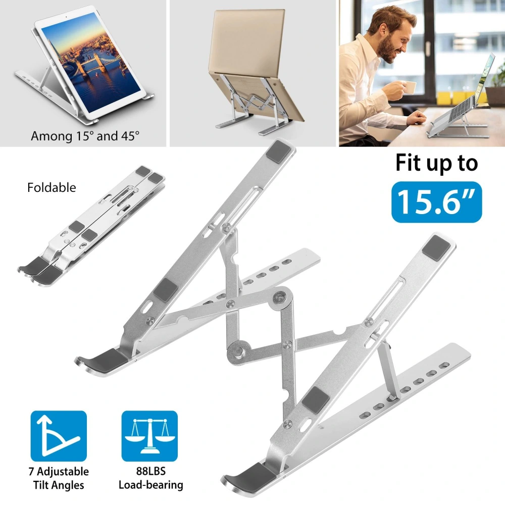 Adjustable and foldable laptop stand with seven tilt angles, supporting devices up to 15.6 inches and a load capacity of 88 pounds, ideal for improving ergonomic posture while working.