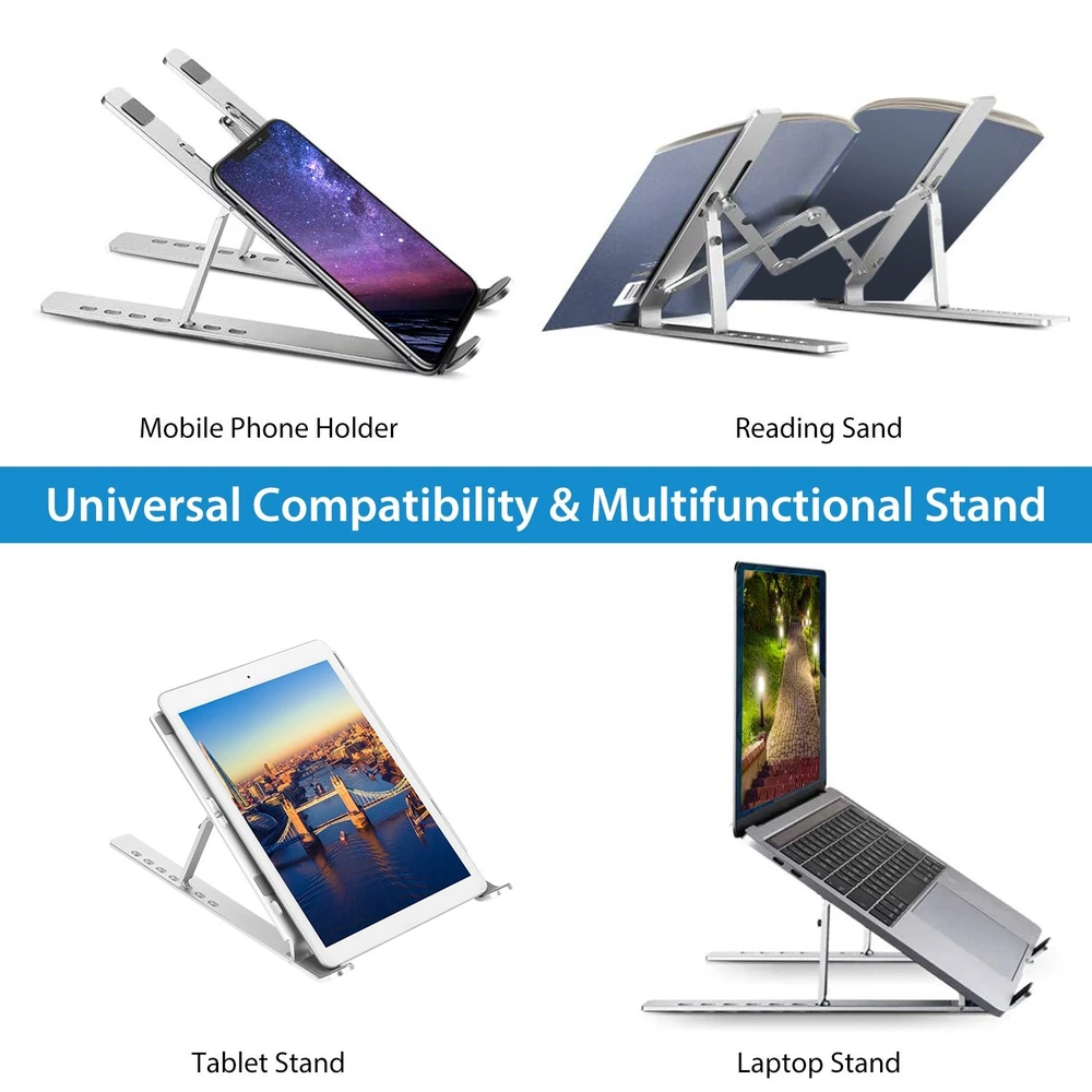 Multifunctional stand displaying a mobile phone holder, reading stand, tablet stand, and laptop stand, showcasing universal compatibility for various devices.