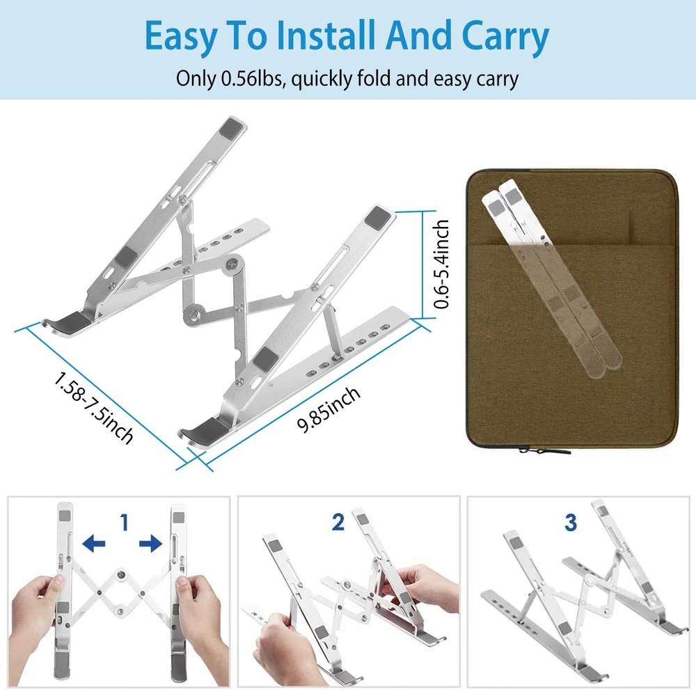 Adjustable and portable laptop stand with easy installation, featuring a lightweight design (0.56lbs) and folding capability for convenient carry, shown with dimensions and step-by-step setup instructions.