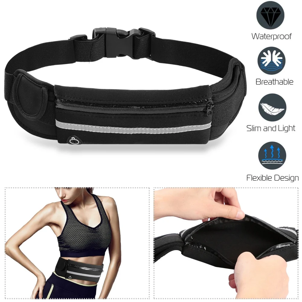 Slim and light waterproof running belt with stretchy design, featuring a zippered pocket, breathable fabric, and reflective strip for visibility, shown worn by a model during exercise.