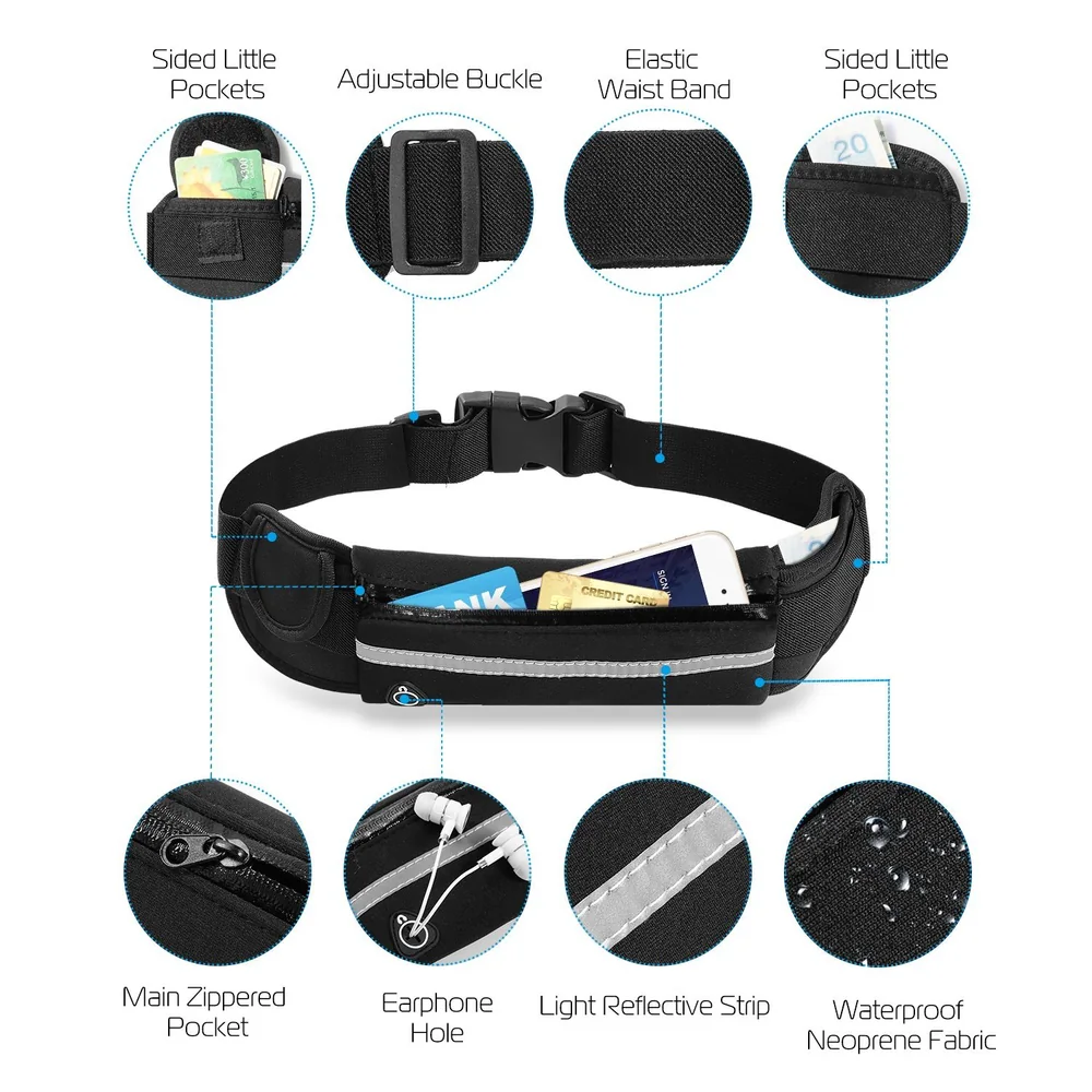 Black adjustable running belt with multiple pockets, waterproof neoprene fabric, earphone hole, and reflective strip for safety.