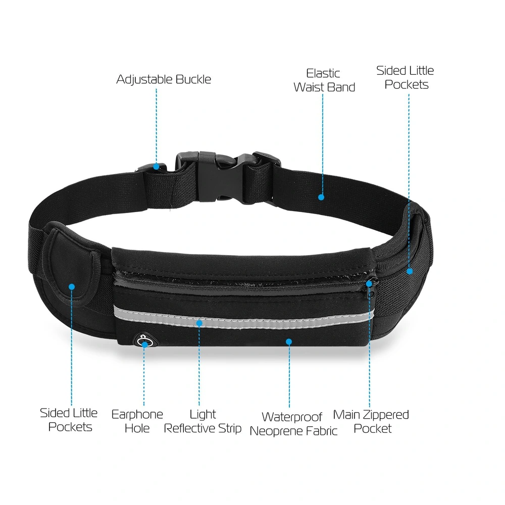 Black adjustable waist belt with waterproof neoprene fabric, main zippered pocket, reflective strip, earphone hole, and side pockets for convenience.