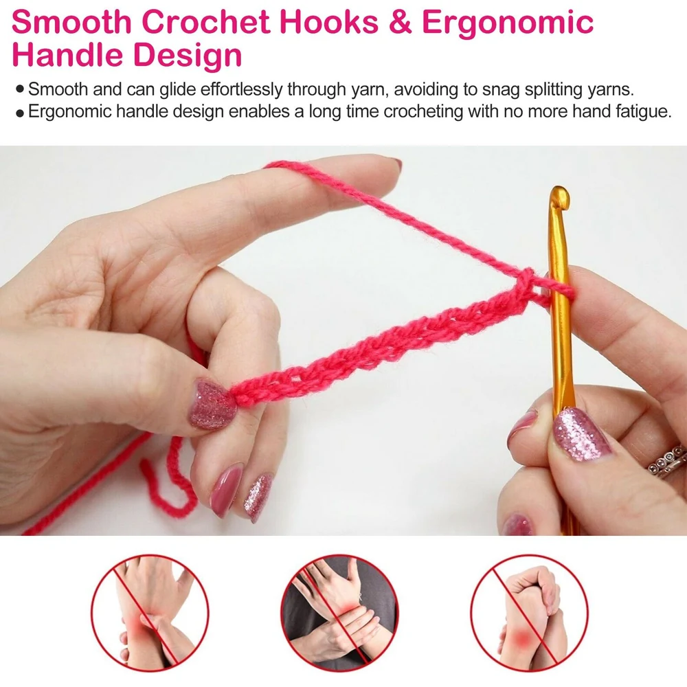 Close-up of hands using smooth gold crochet hook with pink yarn, showcasing ergonomic design for comfortable crocheting, ideal for reducing hand fatigue.