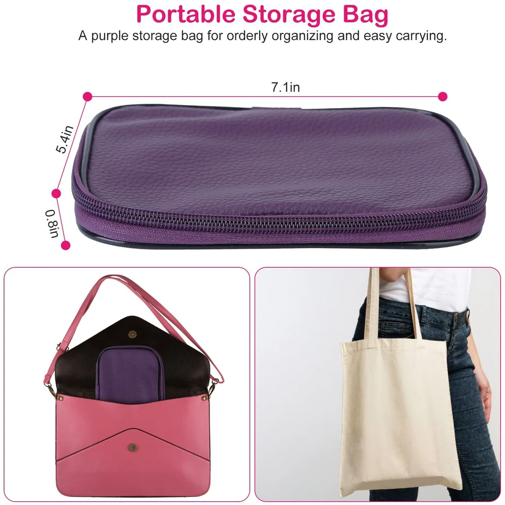 Portable purple storage bag for organization, measuring 7.1 inches by 5.4 inches by 0.8 inches, designed for easy carrying and neat storage.