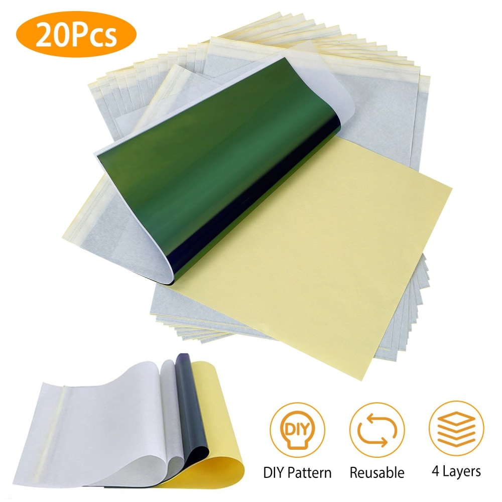 20 pieces of reusable DIY pattern paper, featuring four layers in various colors including green, yellow, and white, suitable for crafting and art projects.