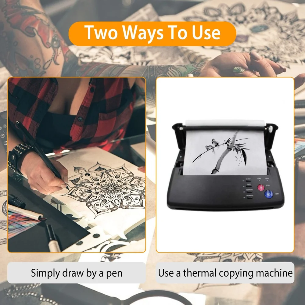 Illustration showing two methods for creating designs: a person drawing intricate patterns with a pen on paper and a thermal copying machine printing an artistic image.