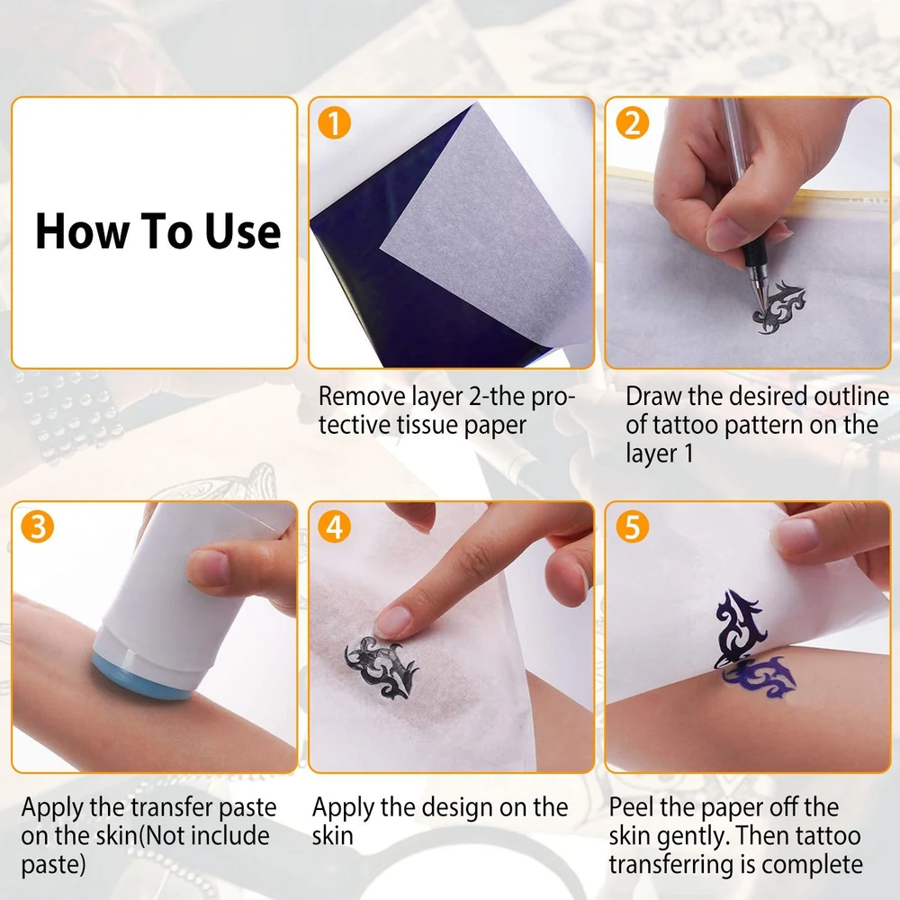 Step-by-step guide for applying a tattoo transfer, showing five distinct instructions: removing protective paper, outlining the tattoo design, applying transfer paste, placing the design on skin, and gently peeling the paper for completion.