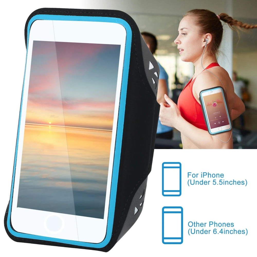 Product image of a smartphone armband case designed for fitness enthusiasts, featuring a sleek black and blue design, suitable for phones under 5.5 inches for iPhones and under 6.4 inches for other brands, ideal for running and exercising.