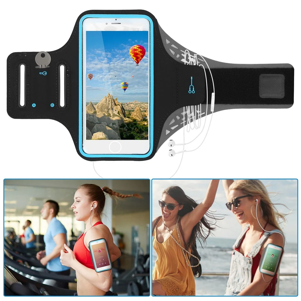 Phone armband accessory with an adjustable strap, designed for workouts; features an adjustable phone holder, headphone jack, and breathable fabric for comfortable use during exercise.