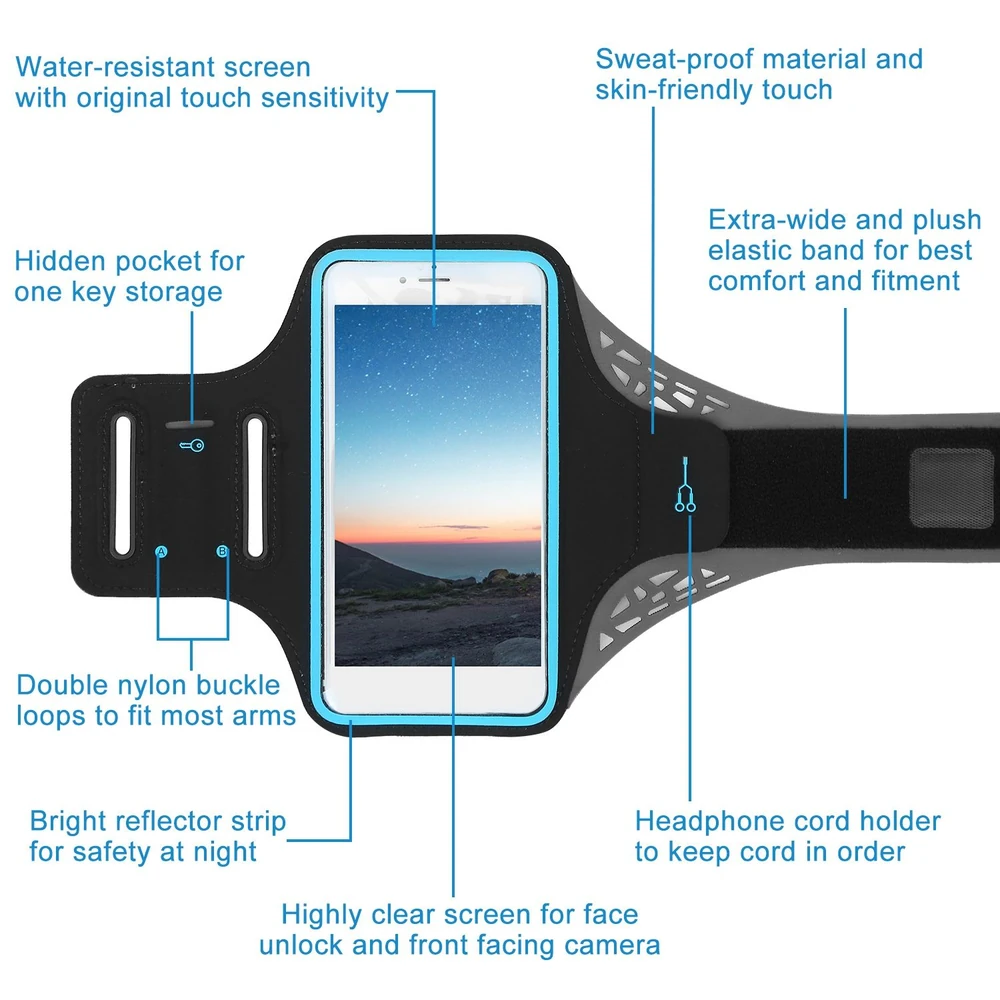 Smartphone armband with water-resistant touch screen, hidden key pocket, sweat-proof material, adjustable elastic band, reflective strip for night safety, and headphone cord holder, ideal for fitness enthusiasts.