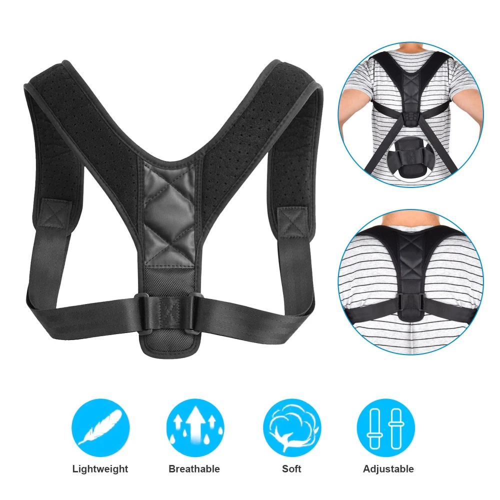 Adjustable posture corrector with padded straps, featuring a lightweight, breathable design for comfort and support, displayed on a person wearing a striped shirt.