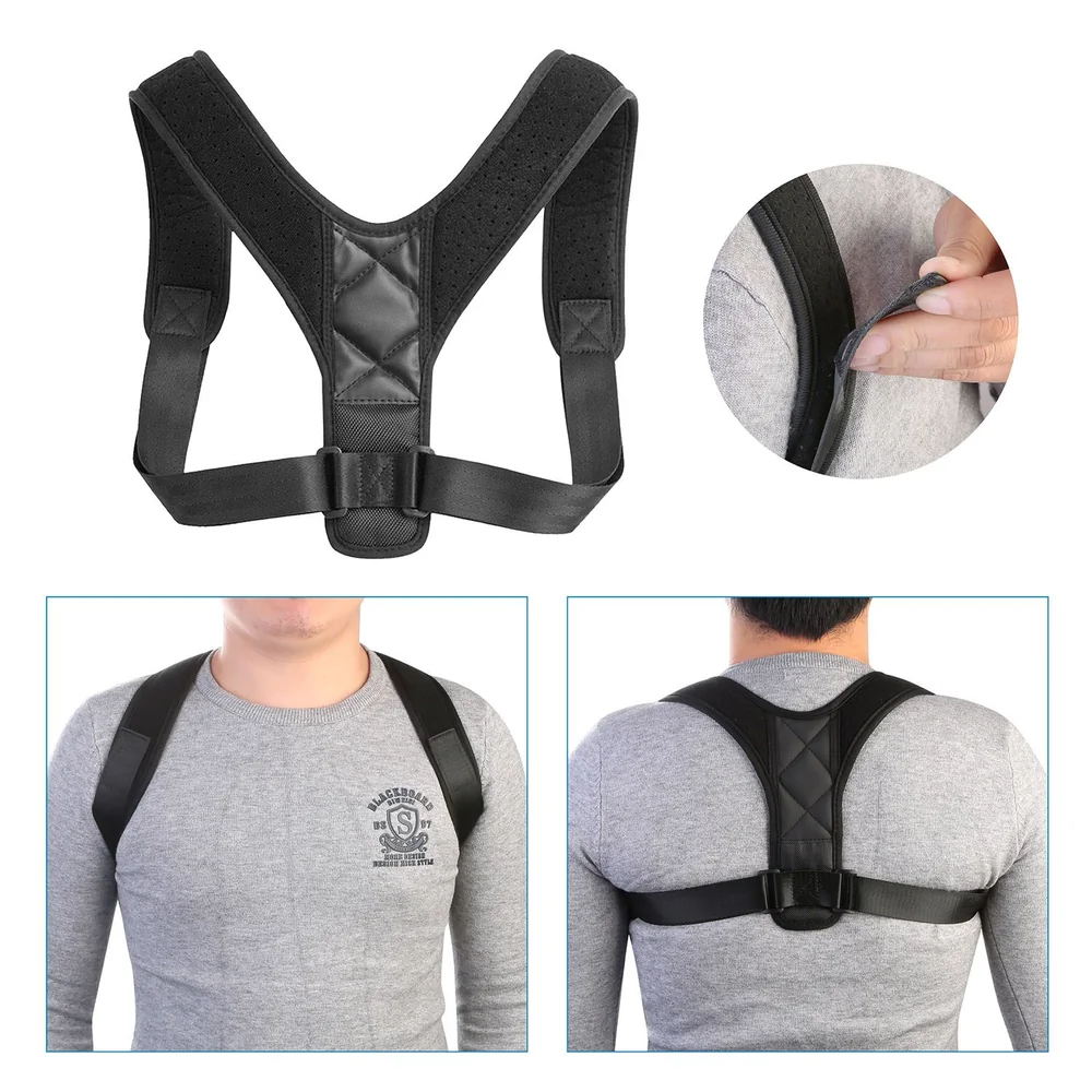 Adjustable black posture corrector with padded straps, featuring a front buckle and breathable material, designed for back support and improved posture while worn under clothing.