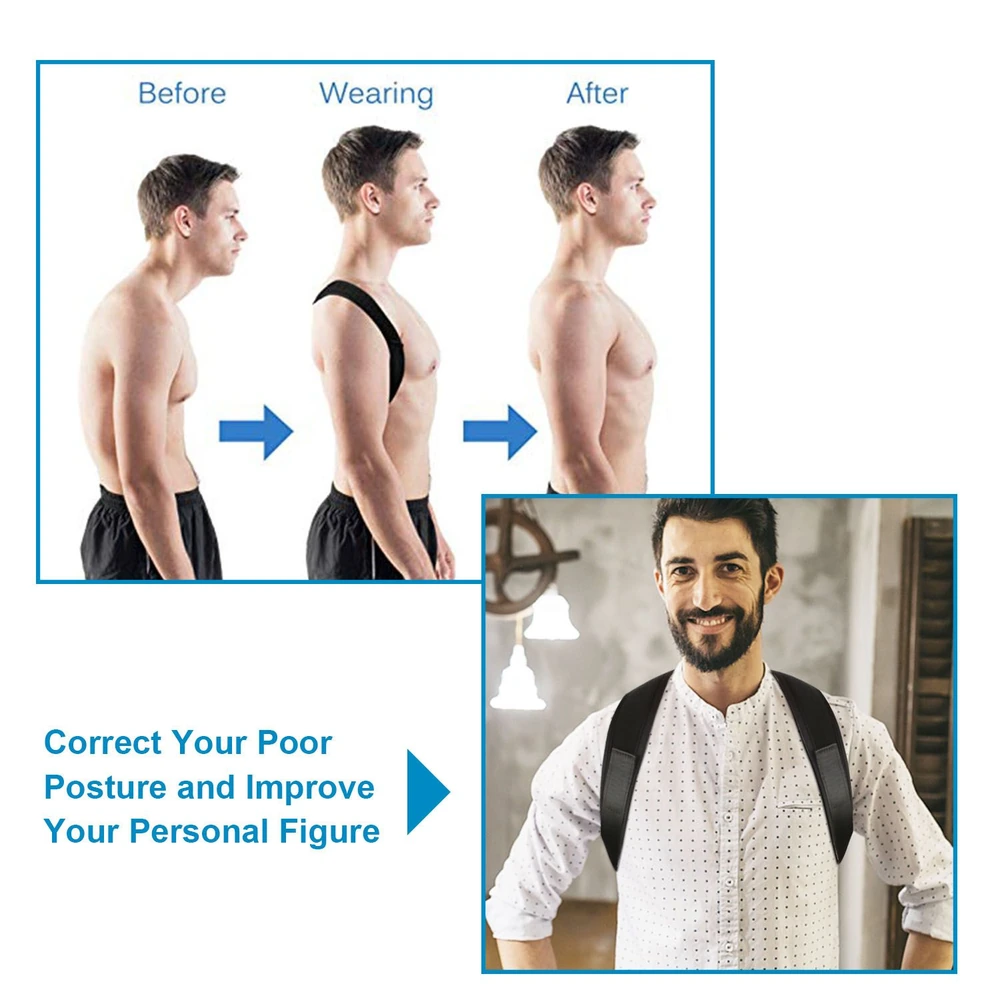Demonstration of a posture corrector with three side-by-side images showing posture improvement: before wearing the brace, during usage, and after achieving better posture, alongside a model wearing the corrector to highlight its effectiveness.