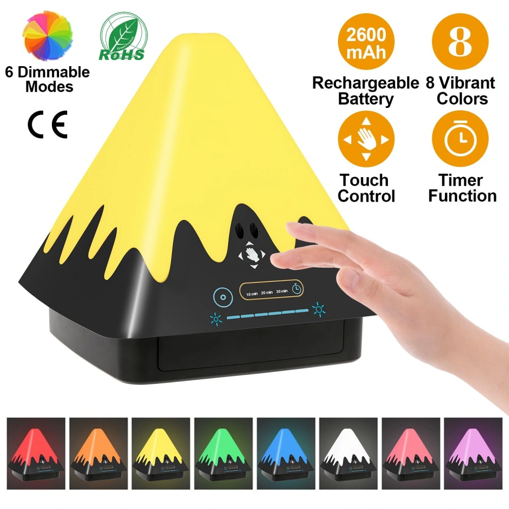 Colorful touch-controlled LED lamp shaped like a mountain, featuring a yellow top and black base, with a rechargeable battery, 8 color options, timer function, and 6 dimmable modes.