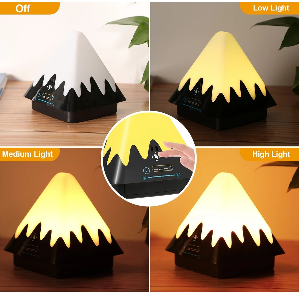 Colorful mountain-shaped night light with adjustable brightness settings, displayed in off, low, medium, and high light modes.