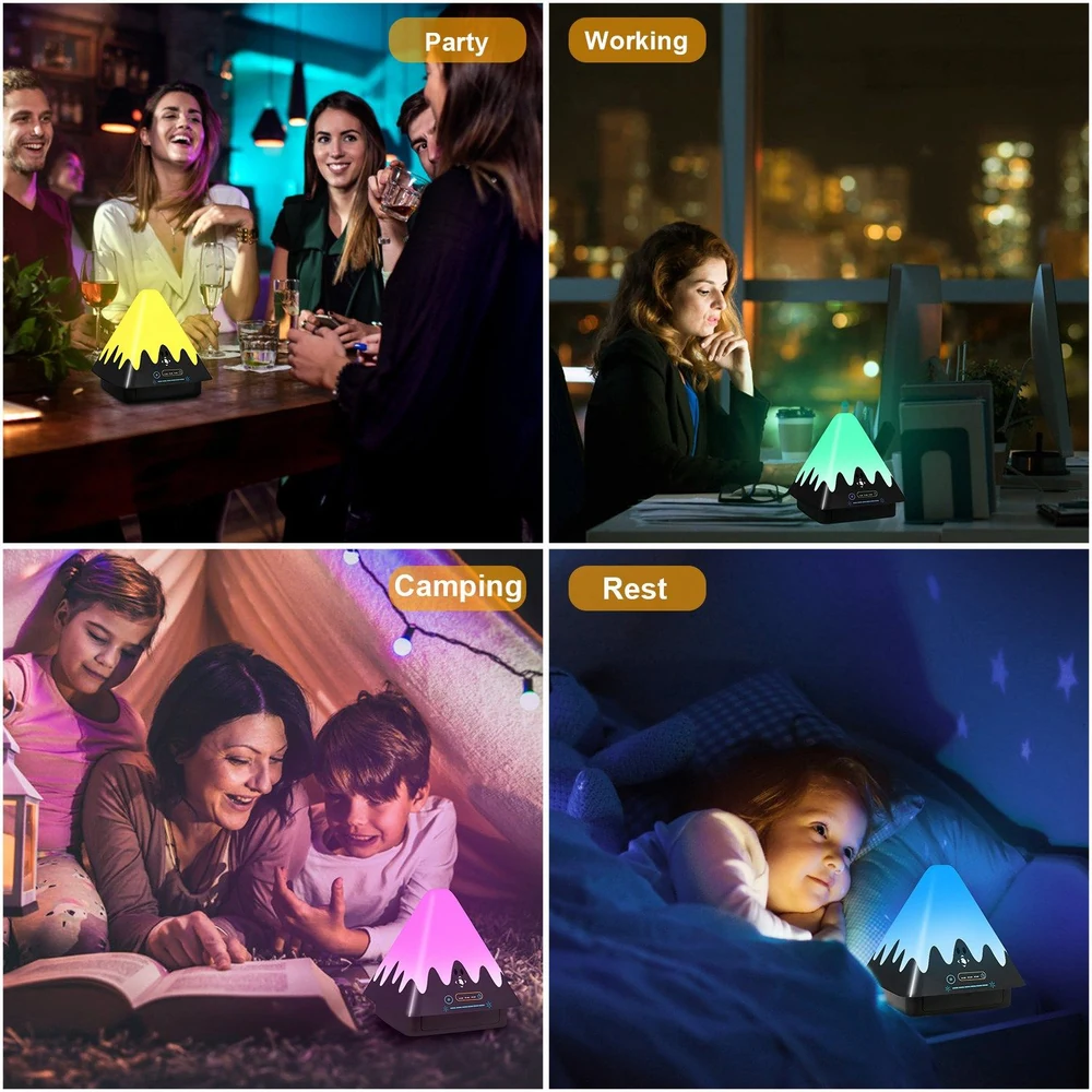 Colorful multifunctional mountain-shaped lamp, perfect for parties, working, camping, and relaxation, featuring adjustable light settings for various moods and environments.