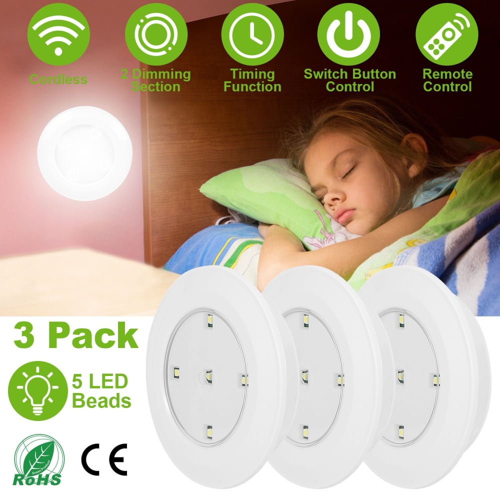LED under-cabinet lights in a 3-pack, featuring 5 LED beads each, with wireless remote control, dimming options, timing function, and switch button control for convenient lighting solutions.