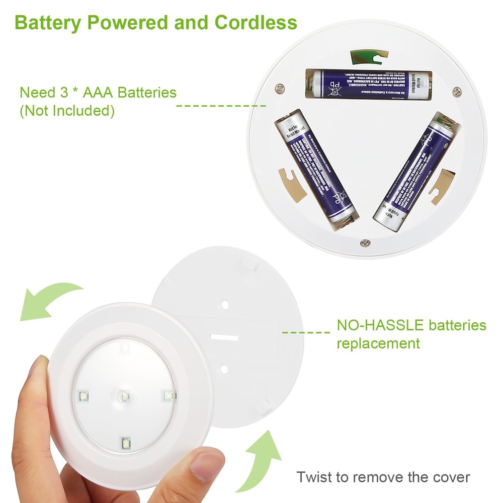 Battery-powered LED light with easy twist-off cover for hassle-free AAA battery replacement, held in a compact round design.