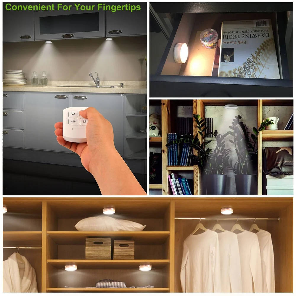 Remote-controlled LED cabinet lights illuminating various home areas, including a kitchen, bookshelf, and closet, showcasing easy accessibility and versatile lighting options.
