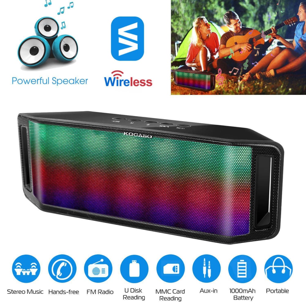Portable wireless Bluetooth speaker with colorful LED lights, featuring stereo sound, hands-free calling, FM radio, and support for U Disk and MMC card playback. Ideal for outdoor gatherings.