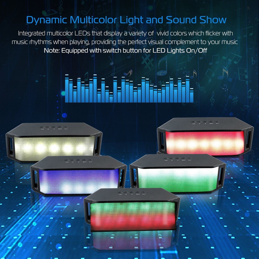 Multicolor LED Bluetooth speaker with dynamic light show, featuring various vibrant colors that pulsate with music, set against a blue digital background.