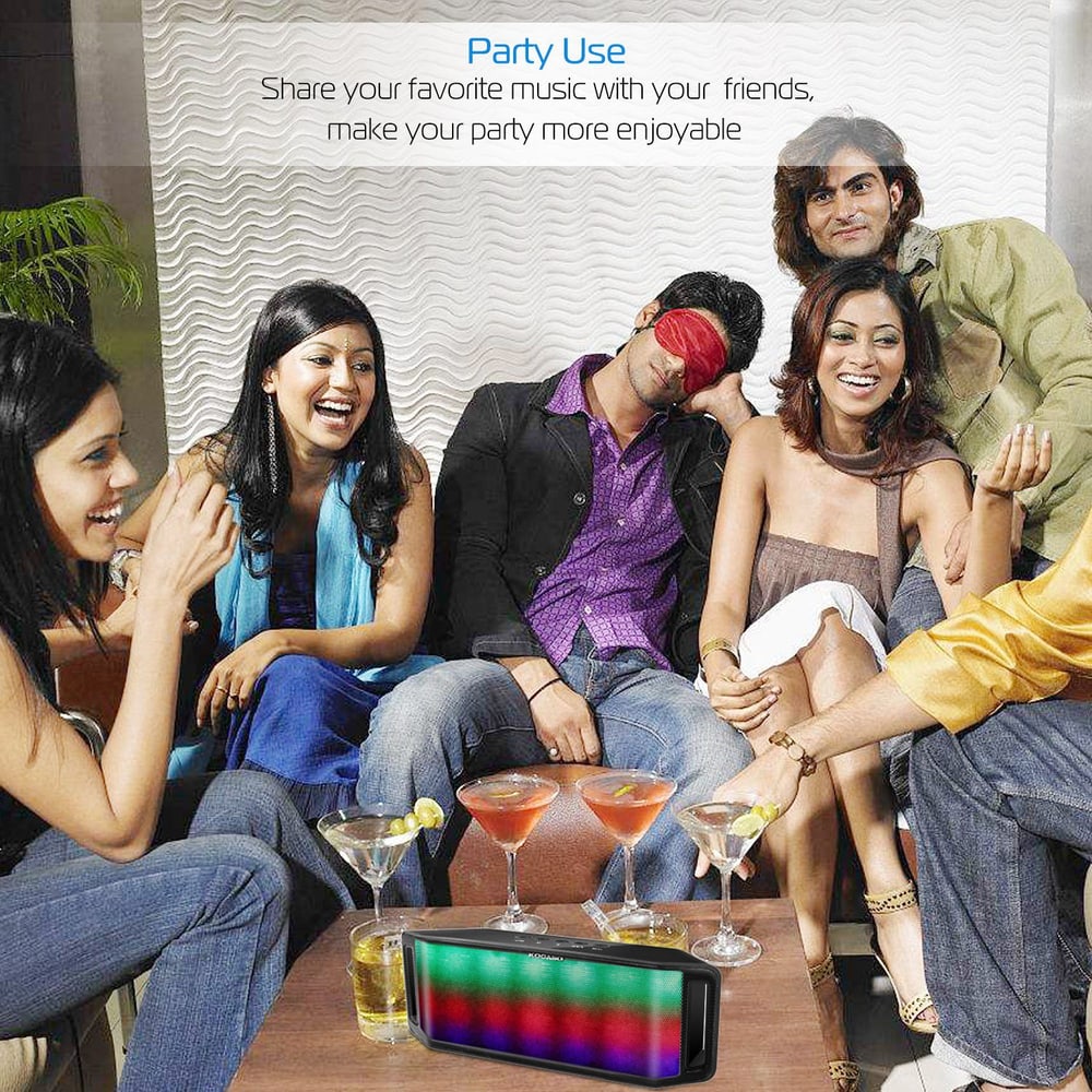 Portable Bluetooth speaker with colorful LED lights, designed for enhancing party experiences and sharing music among friends.