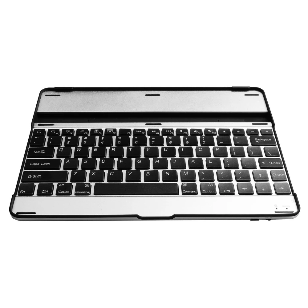 sleek black and silver wireless keyboard with backlit keys and compact design for laptops and tablets