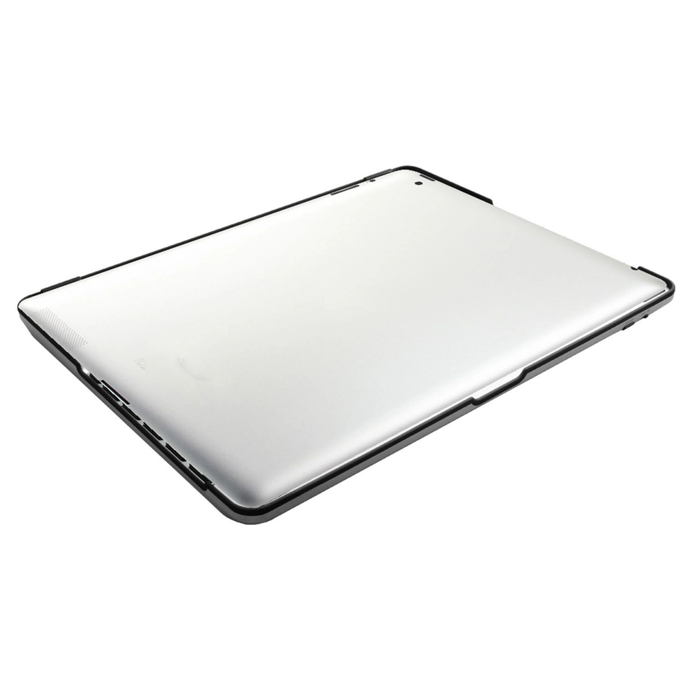 Silver tablet device with a sleek design, showcasing its rear cover and edges, paired with a black protective case.