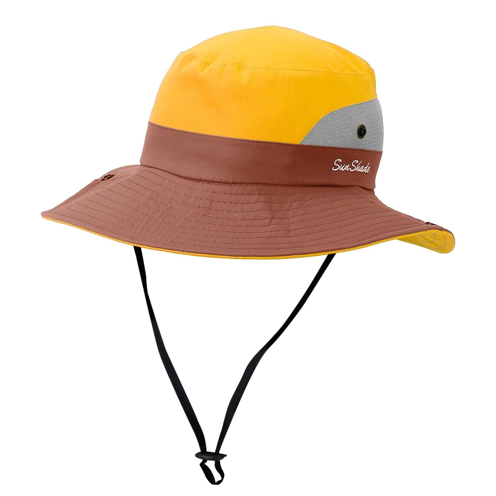 Colorful sun protection bucket hat in yellow and brown with adjustable chin strap for outdoor activities.
