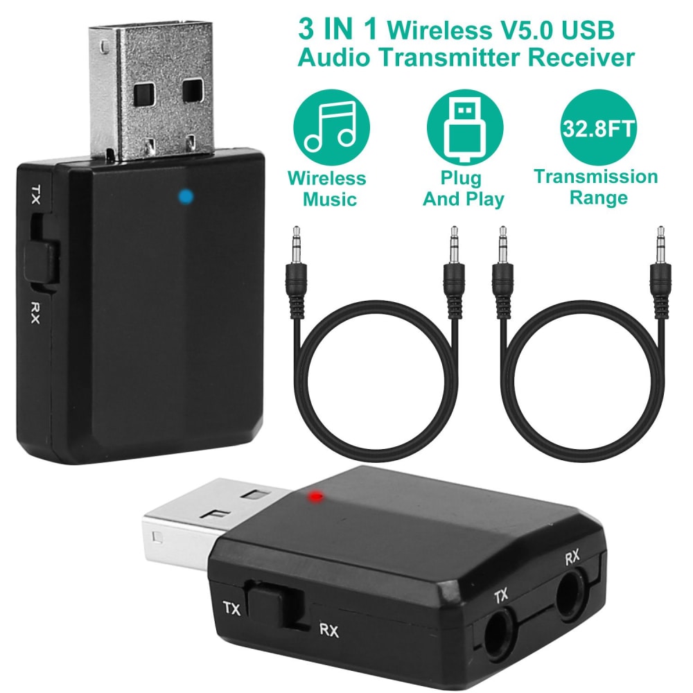 3-in-1 Wireless V5.0 USB Audio Transmitter Receiver with TX and RX modes, featuring a compact design, two audio cables, and a 32.8-foot wireless transmission range for seamless music streaming.