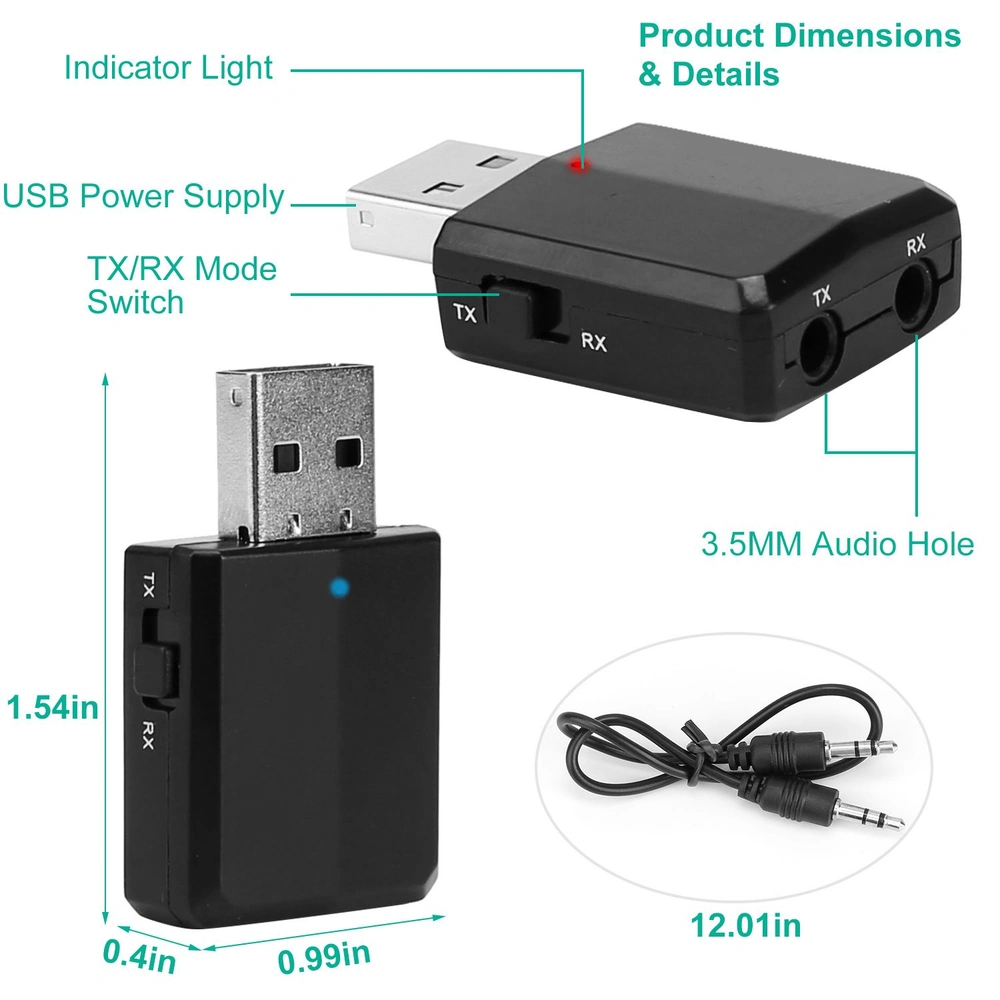 USB Bluetooth audio transmitter and receiver with 3.5mm audio jack, TX/RX mode switch, and indicator light, dimensions 1.54in x 0.99in x 0.4in.
