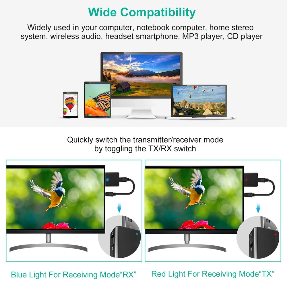 Image showing a compatibility guide for a wireless audio transmitter/receiver, with multiple devices including smartphones and monitors, highlighting the ability to toggle between TX and RX modes with colored indicator lights.