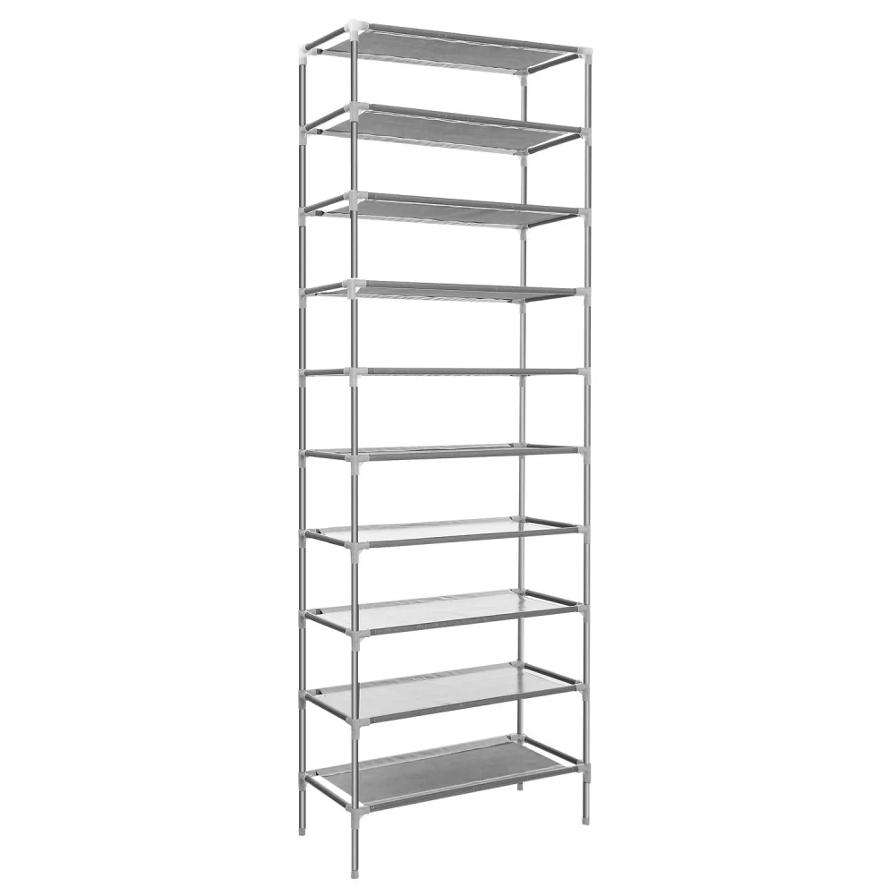 Tall stainless steel shelving unit with multiple adjustable shelves, ideal for storage and organization in home, office, or commercial spaces.