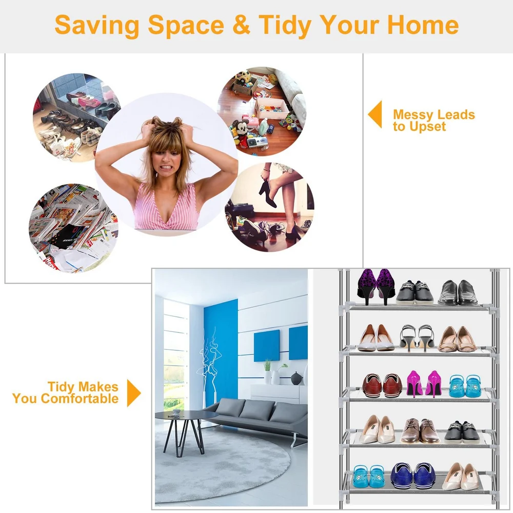 Versatile shoe organizer displayed in a modern living space, showcasing neatly arranged footwear on a stylish rack, promoting a tidy and comfortable home environment.