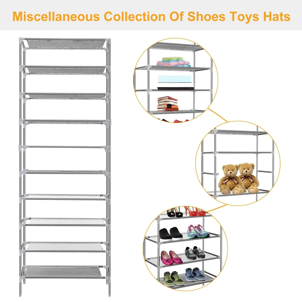 Metal shoe rack with multiple shelves showcasing a variety of shoes, children's toys, and hats, featuring plush teddy bears and neatly arranged books and accessories.