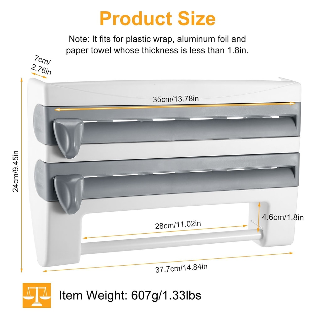 Product size chart for kitchen dispenser fitting plastic wrap, aluminum foil, and paper towels; dimensions include 35cm width, 24cm height, and 7cm depth.