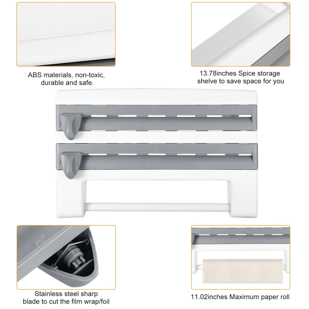 Compact kitchen organizer with a spice storage shelf and stainless steel blade for cutting film wrap, featuring ABS materials for durability and safety, accommodating rolls up to 11.02 inches.