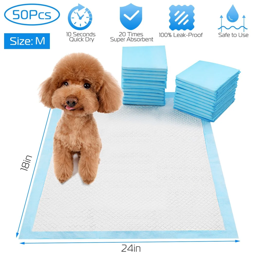 Training pads for pets, featuring a professional puppy on top, with 50 super absorbent, leak-proof pads, measuring 24x18 inches, ideal for indoor potty training.
