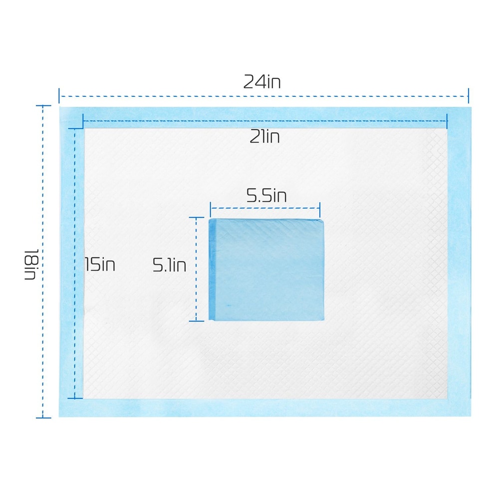 Pet training pad with dimensions 24x18 inches, featuring a 5.5x5.1 inch cutout in the center, designed for easy cleanup and absorbency.